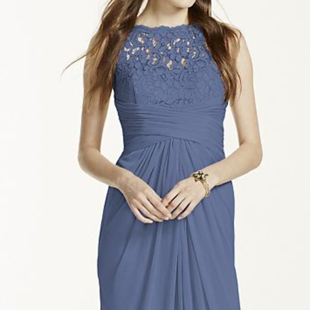 Sleeveless Long Mesh Dress with Corded Lace- Steel